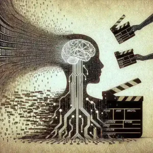 "Imagem de um roteirista utilizando inteligência artificial em seu laptop, cercado por anotações e storyboards, ilustrando como a IA está moldando a criação de roteiros de cinema e séries."