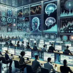 "Imagem ilustrativa do mercado financeiro com gráficos de investimento e ícones de inteligência artificial, representando a crescente adoção de tecnologias de IA em gerenciamento de carteiras."