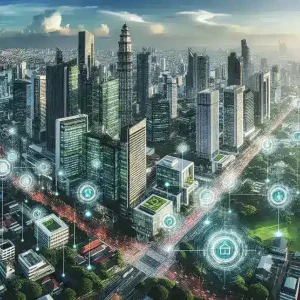 "Sensor de qualidade do ar em uma cidade inteligente, monitorando níveis de poluição em tempo real para promover um ambiente urbano saudável."